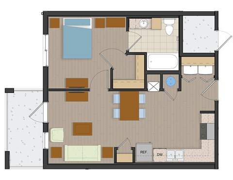 Floor plan for 1 bed, 1 bath, 618 sqft